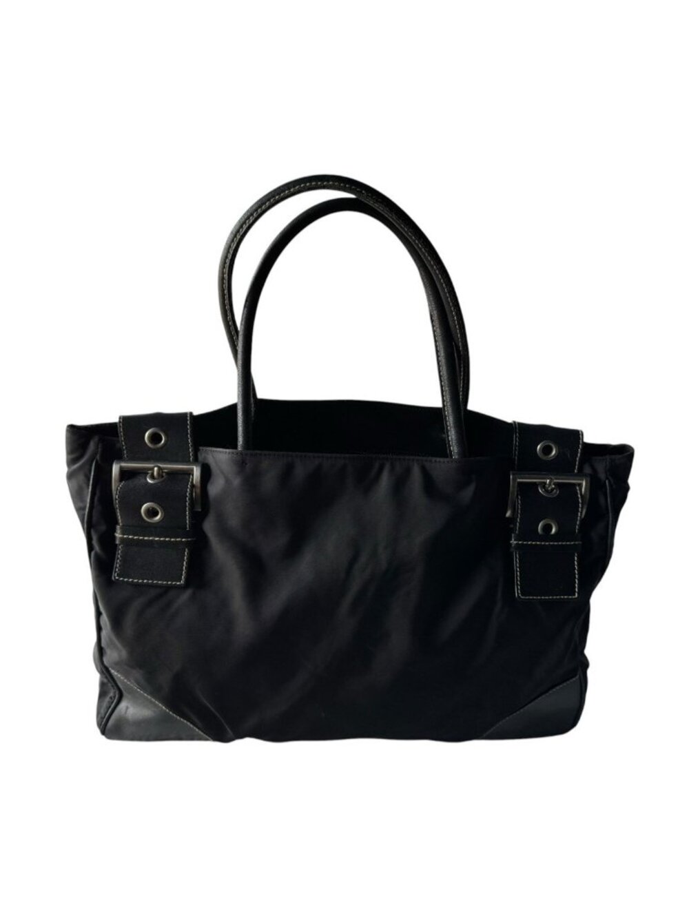 Vintage Prada Tessuto Black Nylon Shoulder Bag Buckle Straps Metal Feet